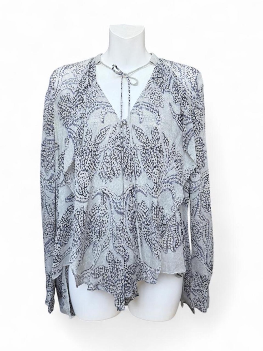 BCBGMaxAzria Gray Printed Tie-Neck Blouse
